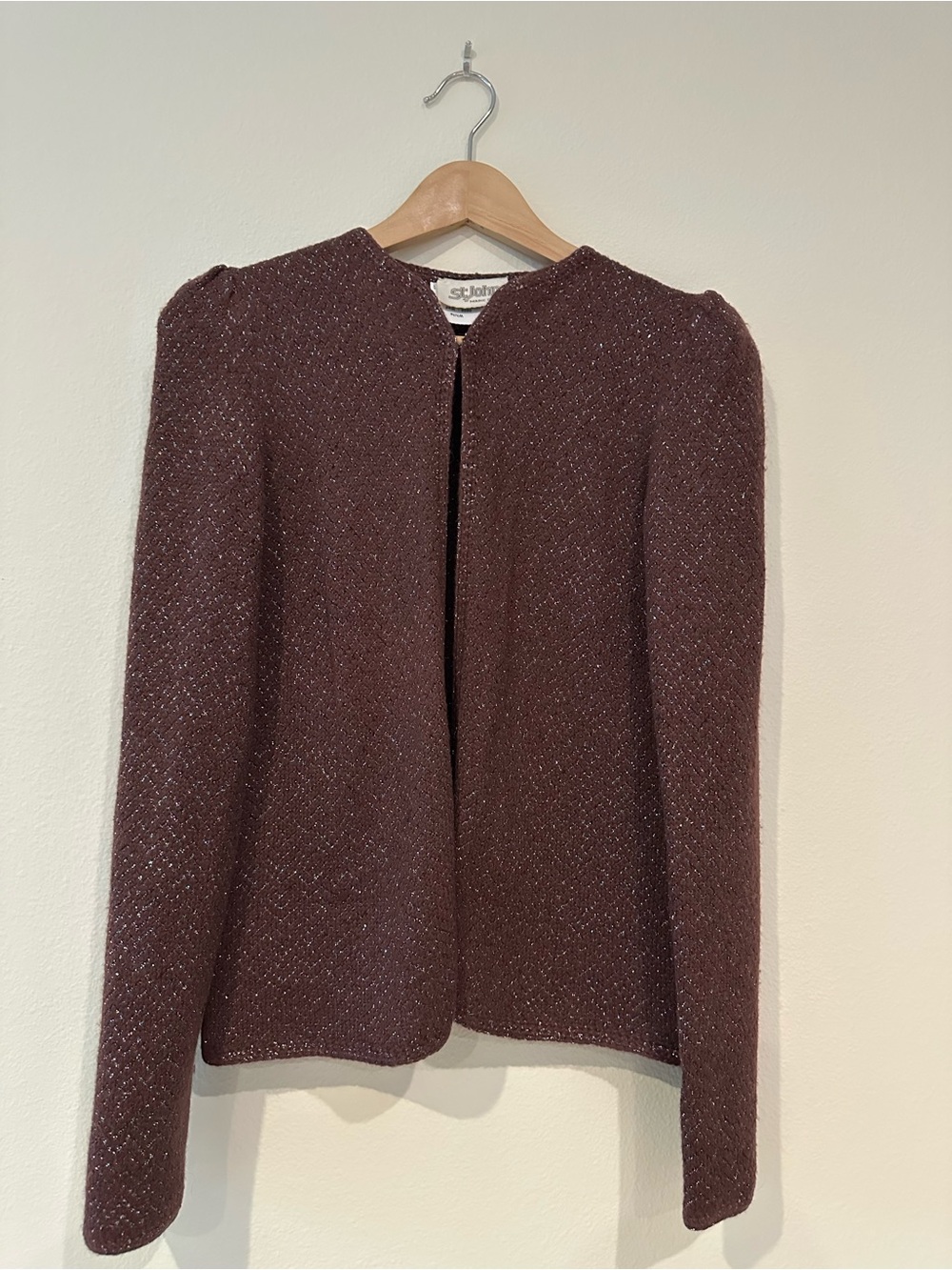 Vintage St. John Metallic Knit Open-Front Jacket in Deep Wine